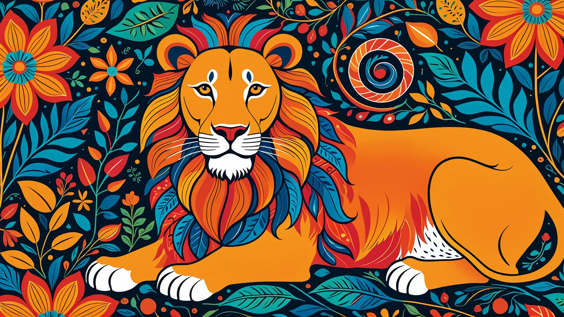 Majestic Folk Art Lion Illustration: Strength and Wisdom in Color