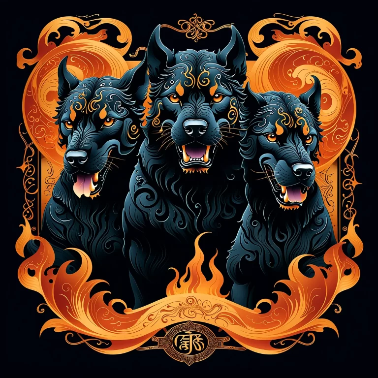 Calligraphic Cerberus: A Mythical Three-Headed Dog Illustration