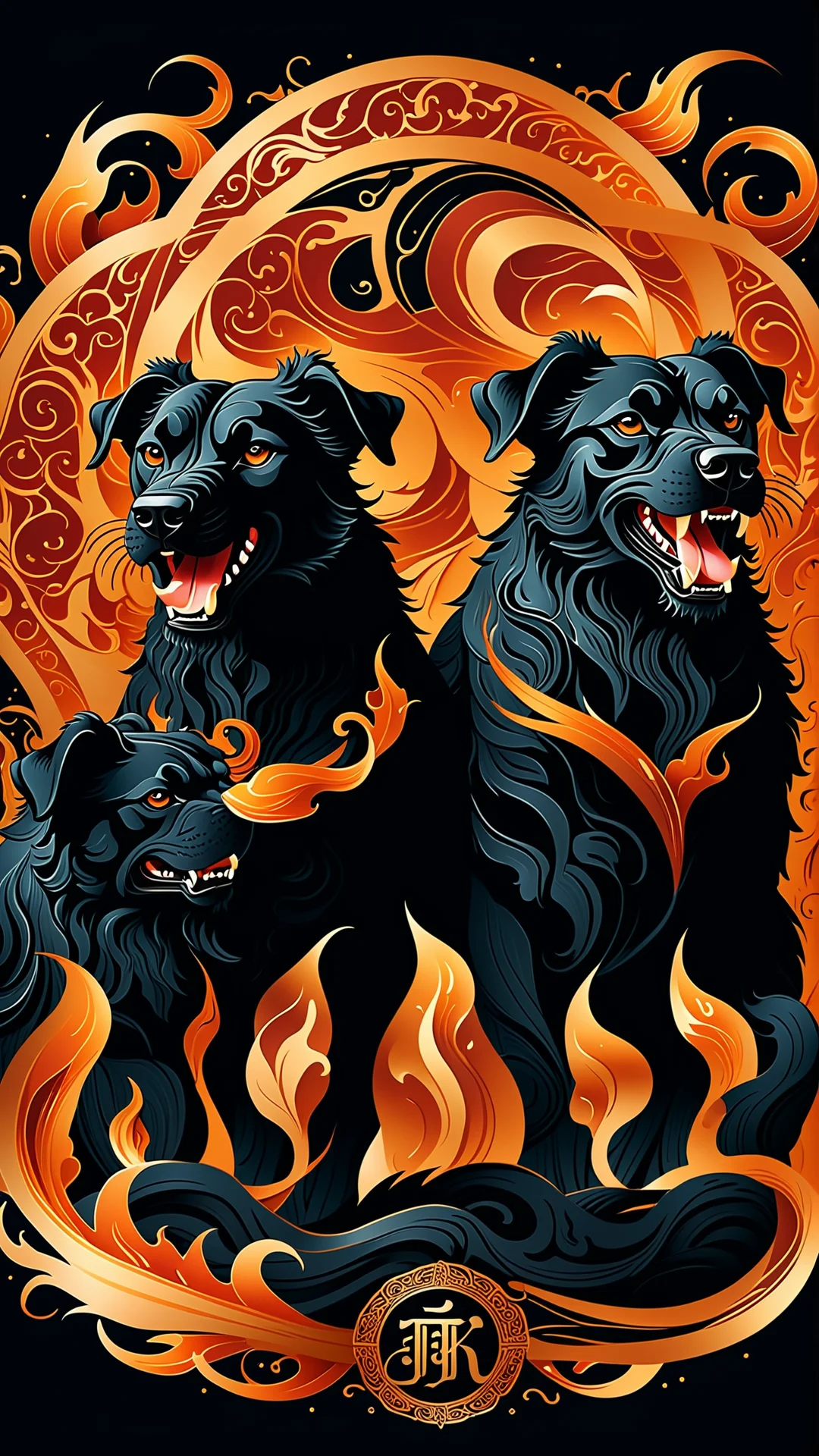 Calligraphic Cerberus: A Mythical Three-Headed Dog Illustration