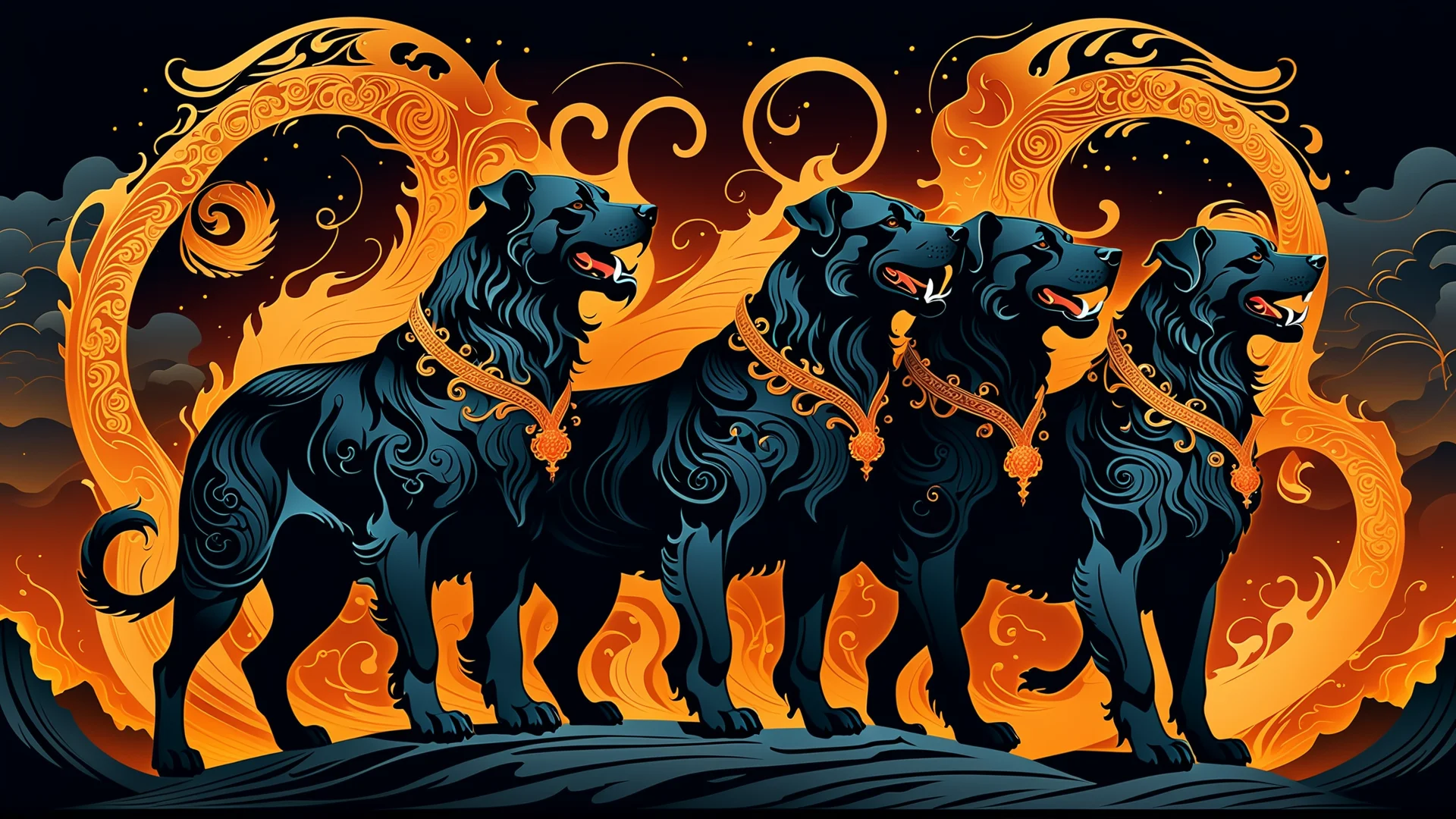 Calligraphic Cerberus: A Mythical Three-Headed Dog Illustration