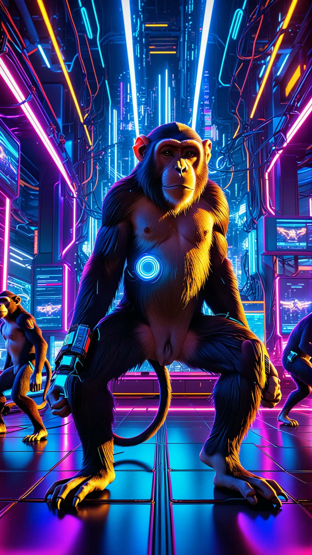 Neon Cyberpunk Training Session of Cebus Apella Monkeys in 8K