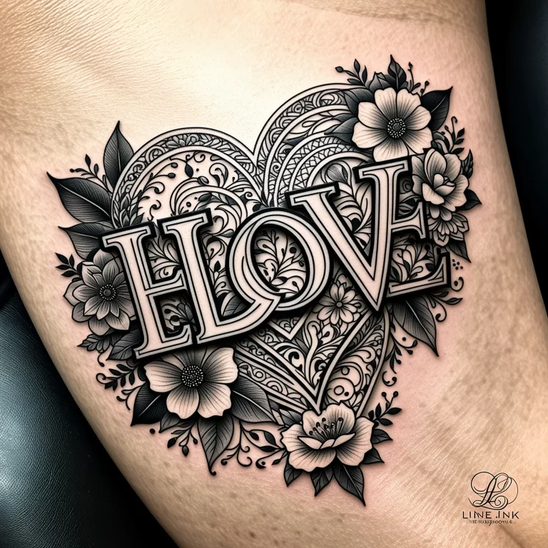 Intricate ‘Love’ Tattoo Design with Floral Elements and Patterns