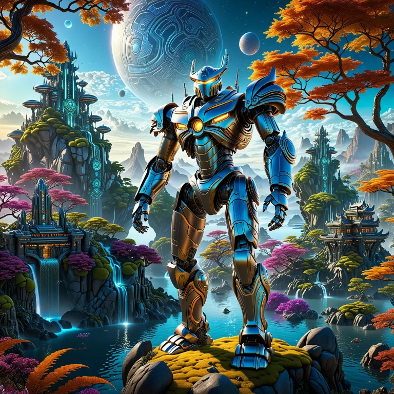 Futuristic Fantasy: Mythical Robots in a Surreal Landscape