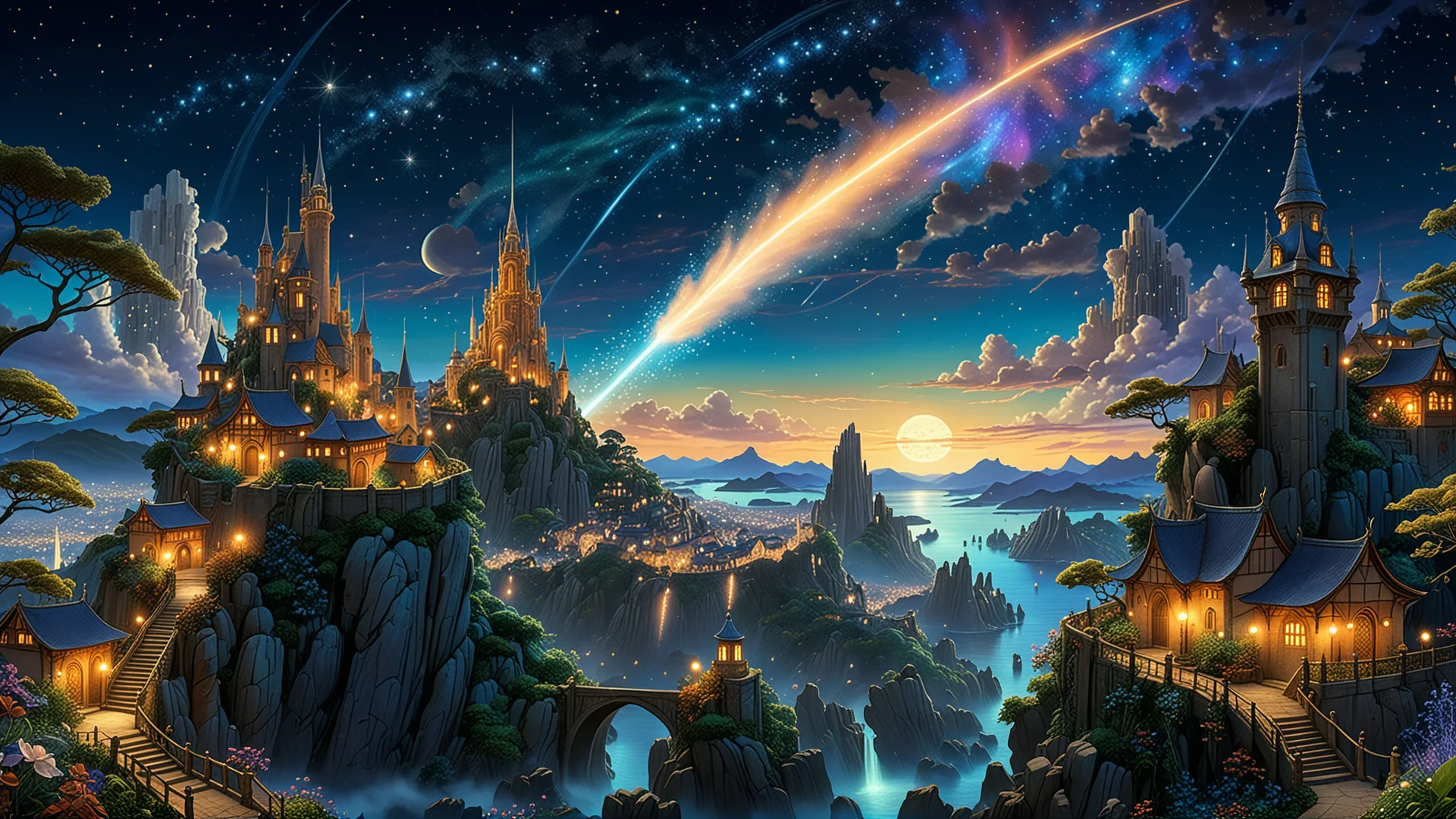 Mesmerizing Fantasy Landscape: Comet Over Ancient Mythical City