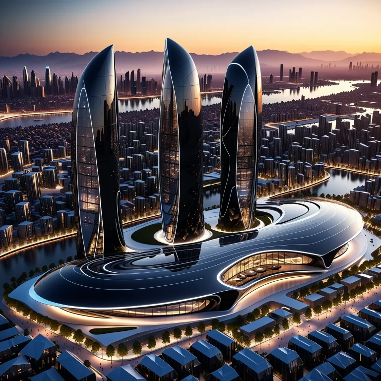 Futuristic Architecture: Sleek Black Cougar in Utopian Skyline Design