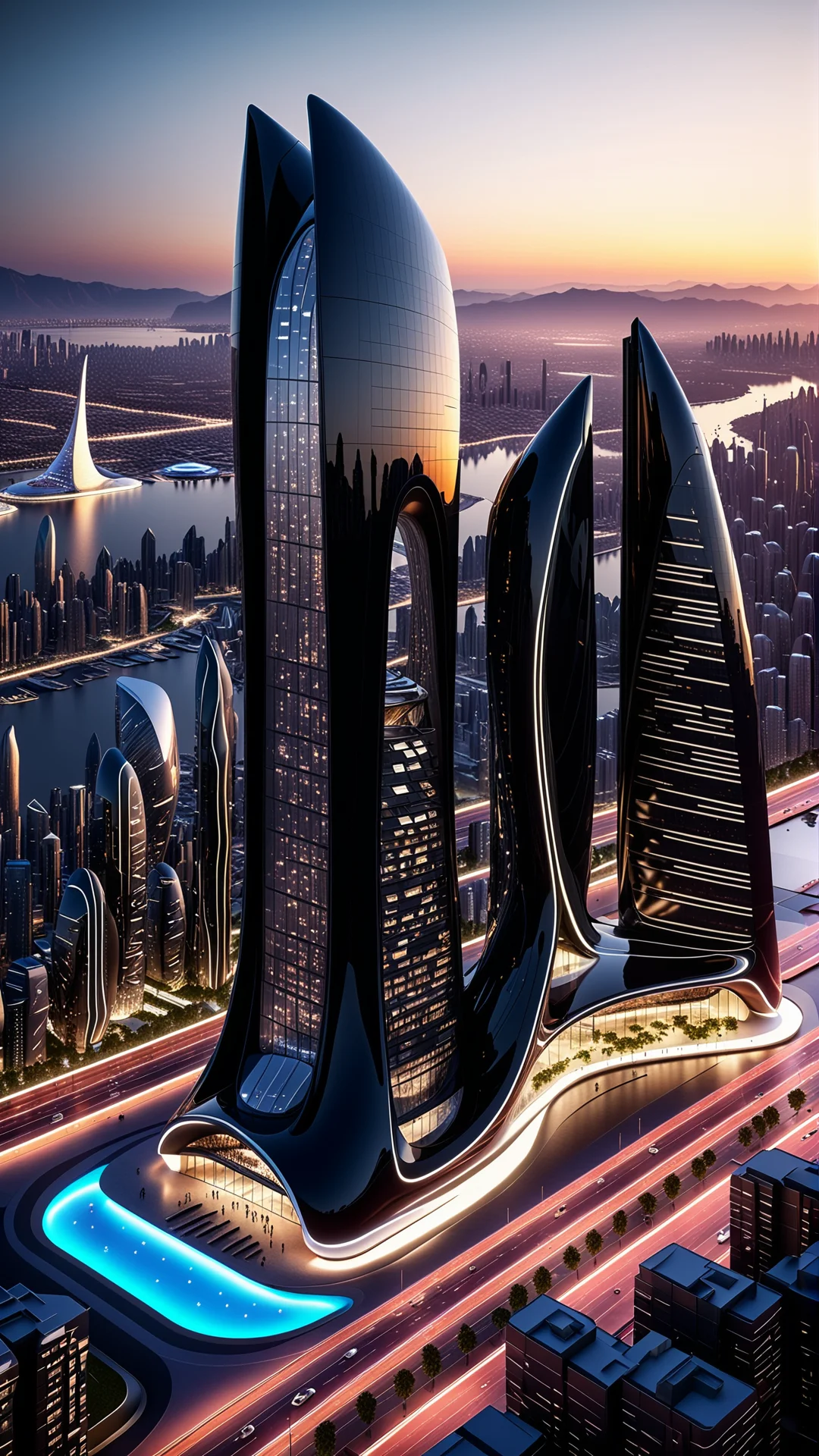 Futuristic Architecture: Sleek Black Cougar in Utopian Skyline Design