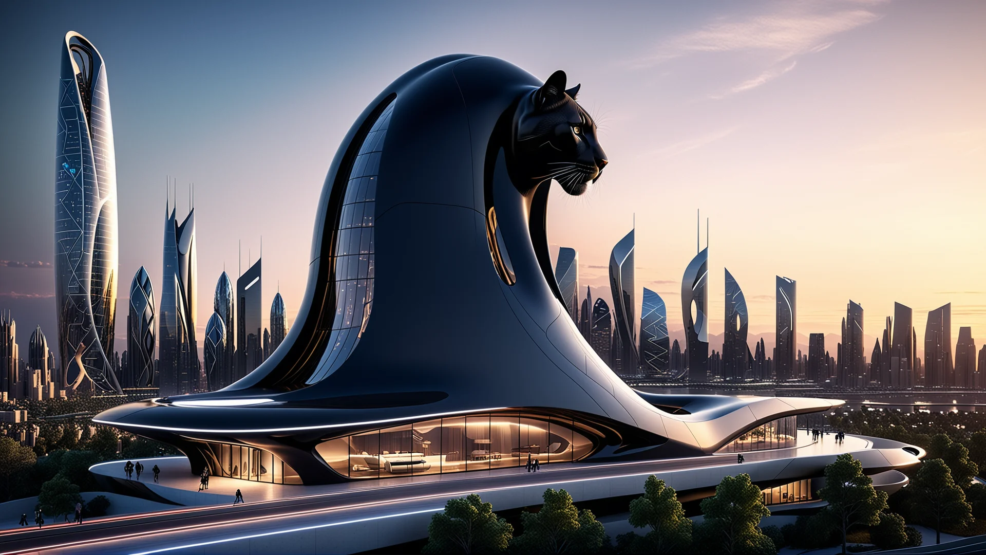 Futuristic Architecture: Sleek Black Cougar in Utopian Skyline Design