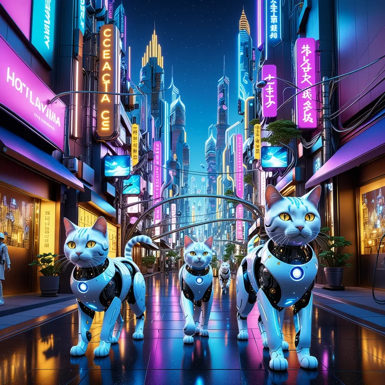 Futuristic Cityscape with Playful AI Robotic Cat Guardians