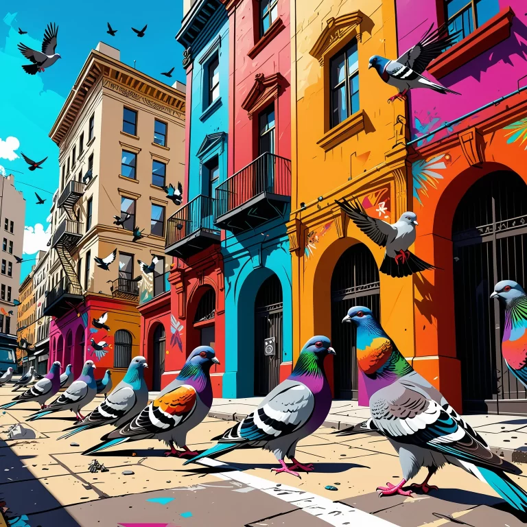 Colorful Pigeons in Urban Art: A Whimsical Digital Illustration