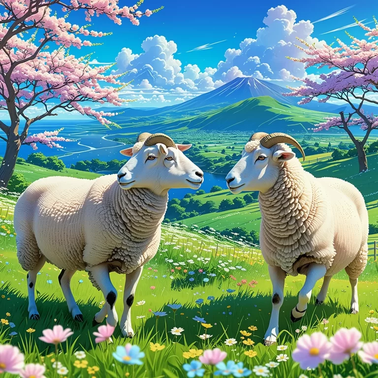 Whimsical Anime Scene: Playful Sheep in a Pastel Landscape