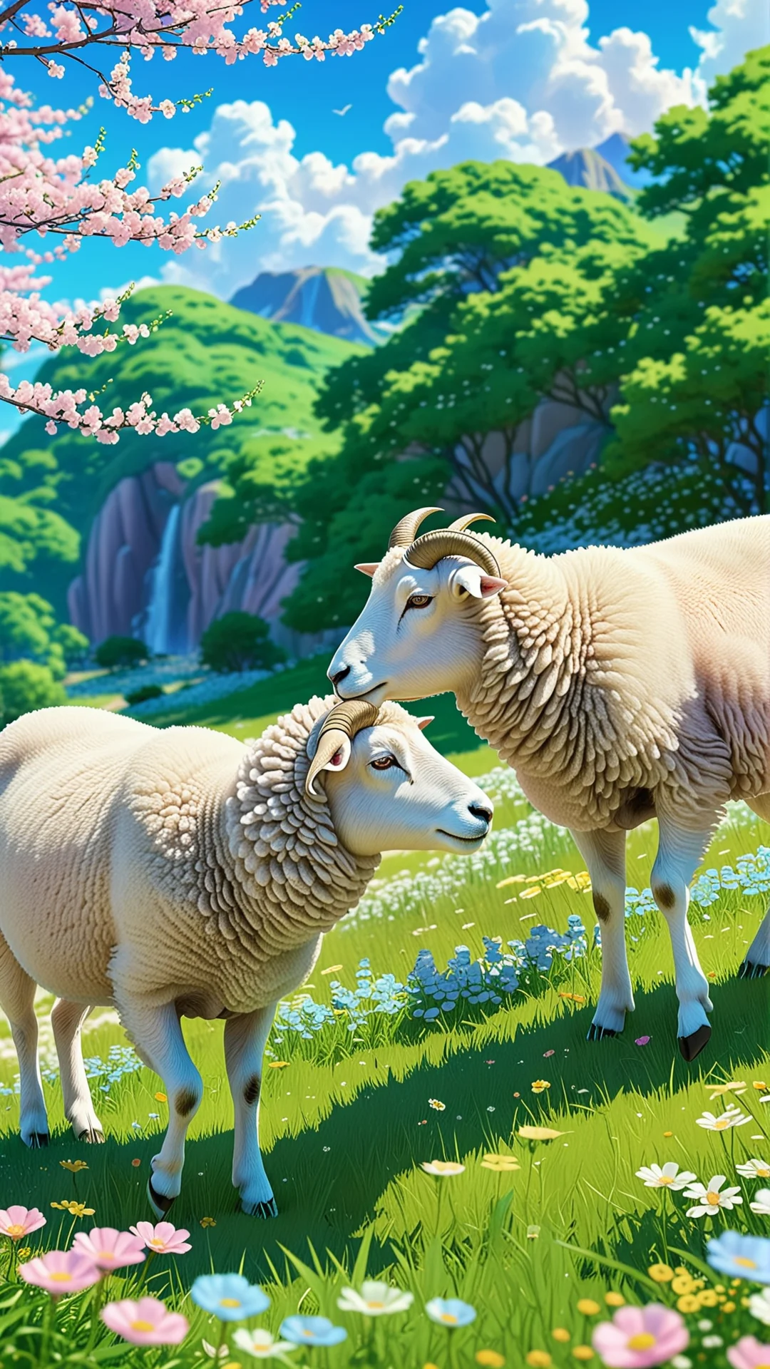 Whimsical Anime Scene: Playful Sheep in a Pastel Landscape