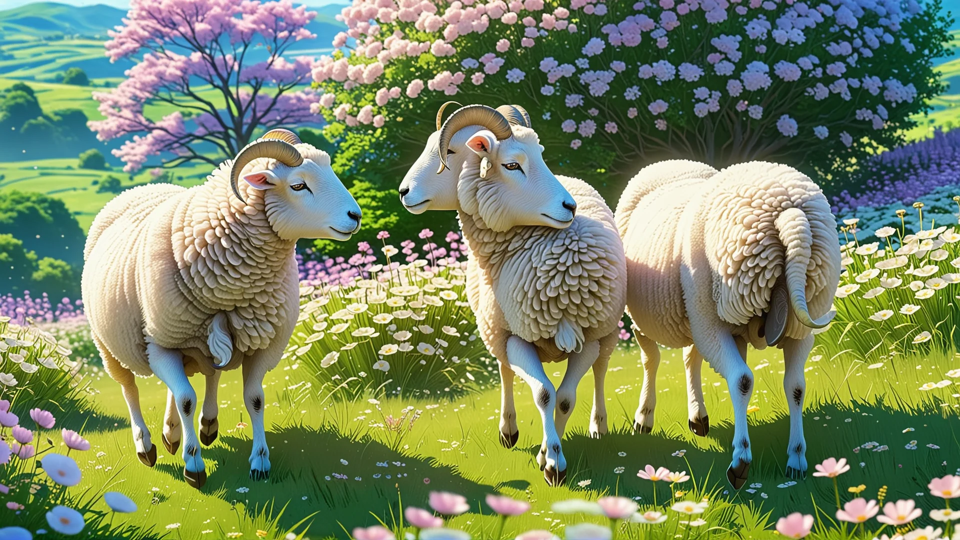 Whimsical Anime Scene: Playful Sheep in a Pastel Landscape