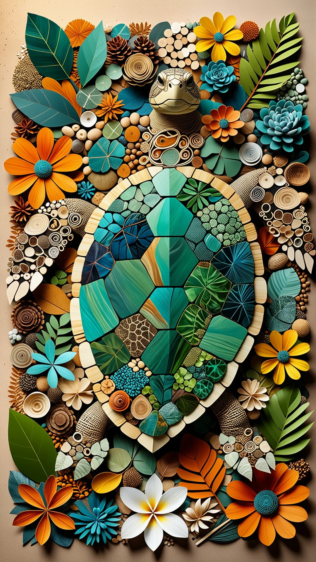 Intricate Turtle Collage: Harmony of Nature and Technology in Art