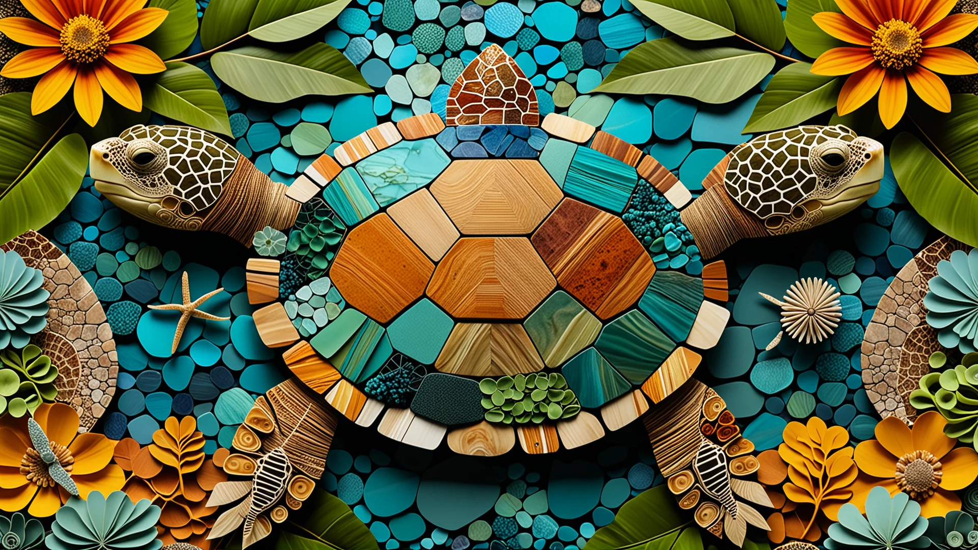 Intricate Turtle Collage: Harmony of Nature and Technology in Art