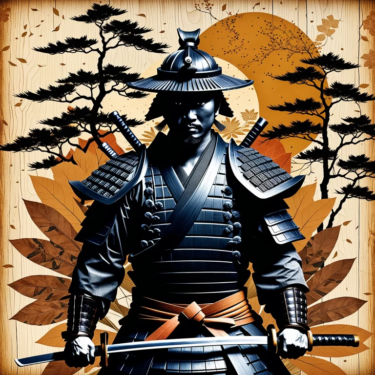 Artistic Samurai Collage: Nature Meets Modern Japanese Expression