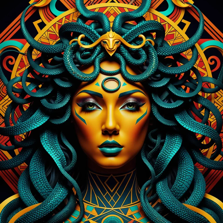 Geometric Medusa: Vibrant Patterns and Surrealist Elements in Art