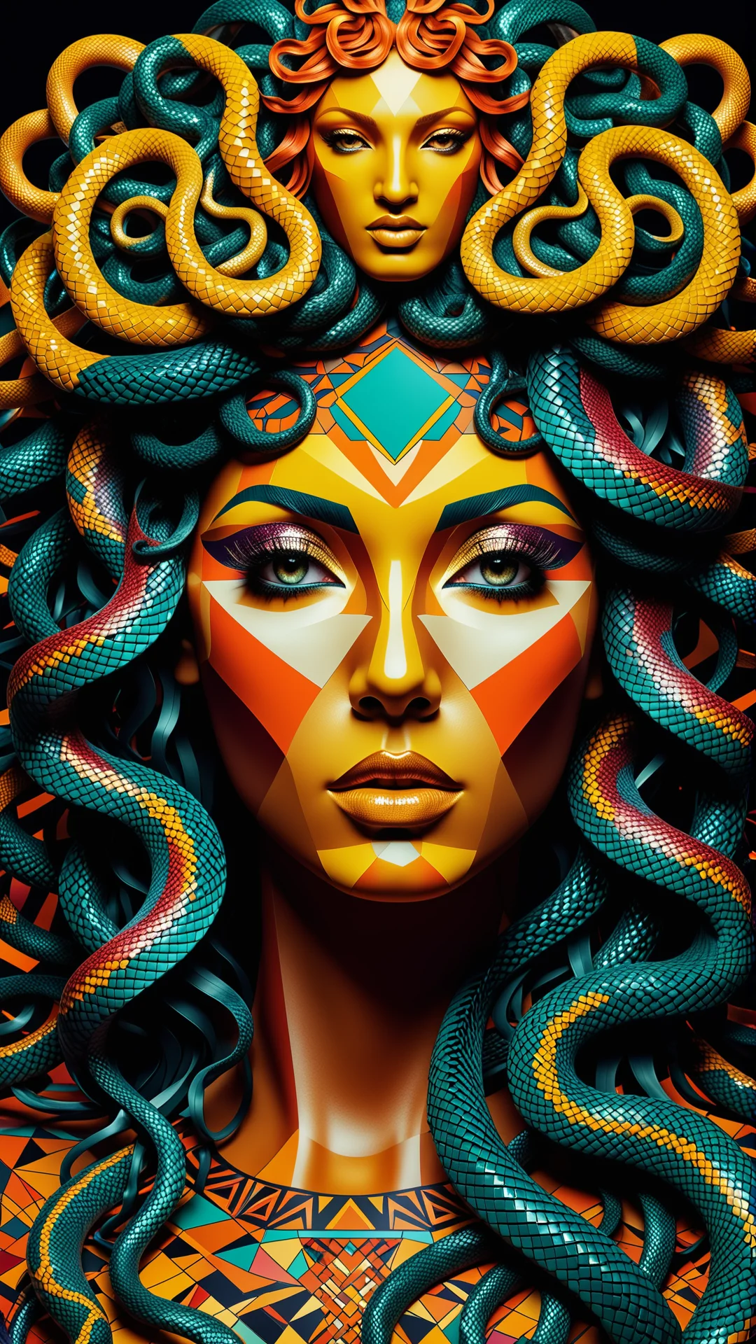 Geometric Medusa: Vibrant Patterns and Surrealist Elements in Art