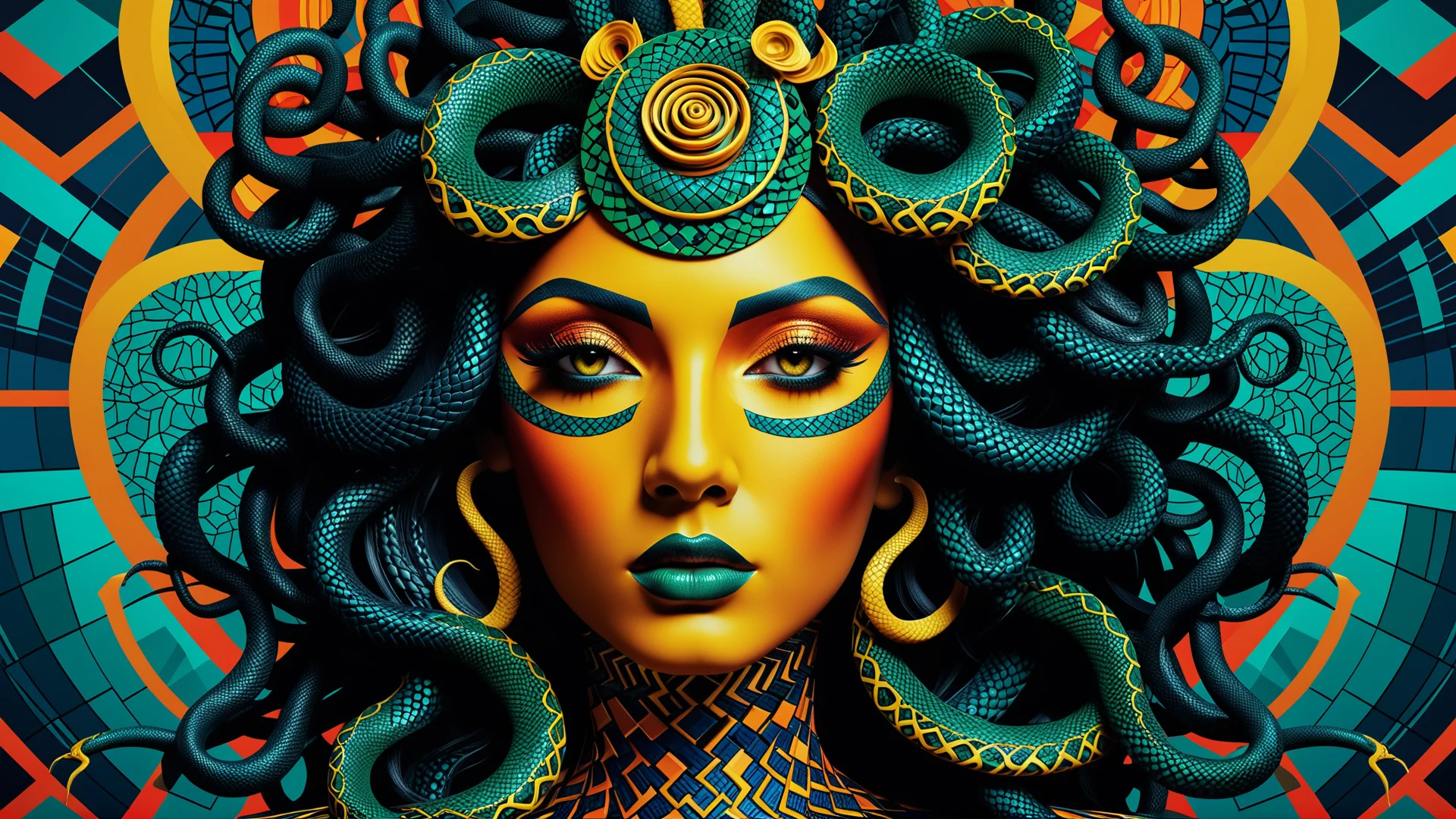 Geometric Medusa: Vibrant Patterns and Surrealist Elements in Art