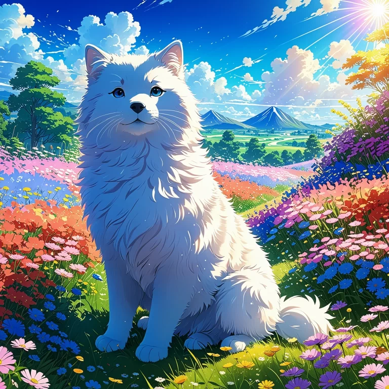 Vibrant Anime Art of Fluffy Anser Anser in a Colorful Meadow