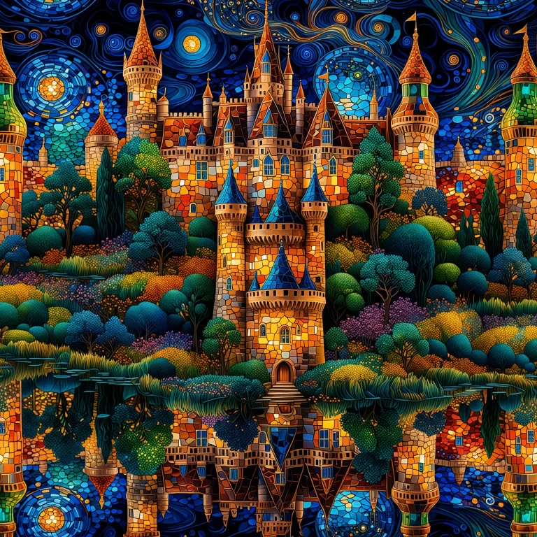 Whimsical Castle Reflected in Glass: A Neural Network Art Masterpiece