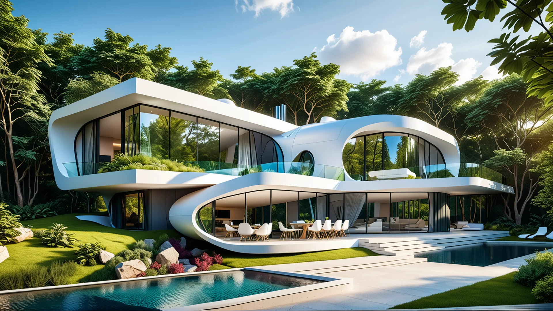 Futuristic Eco-Friendly House: Sleek Design Meets Nature and Art