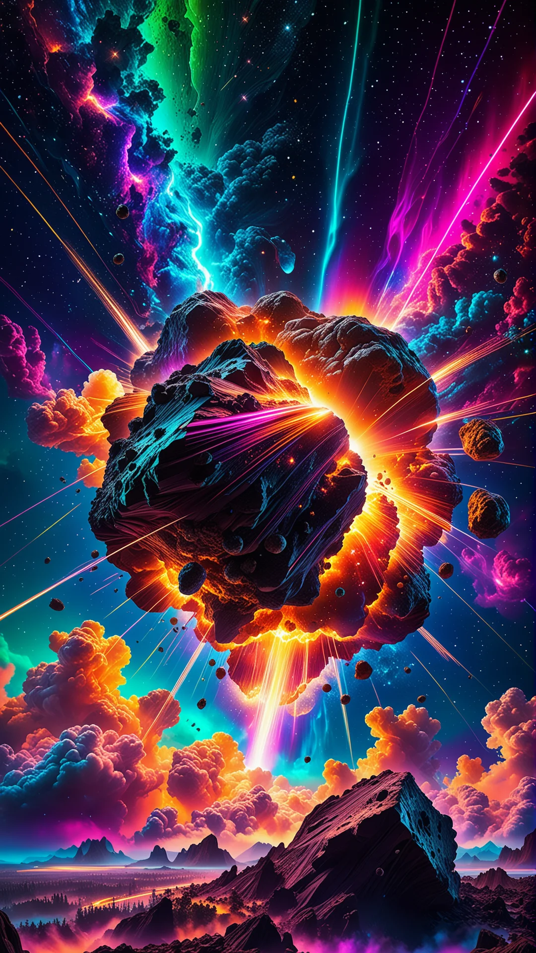 Vibrant Neon Asteroid Art: Cosmic Cyberpunk Digital Masterpiece