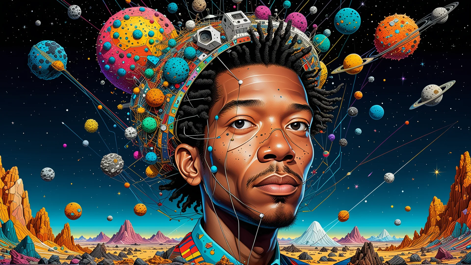 Whimsical Caricature Portraits in a Cosmic Landscape Artistry