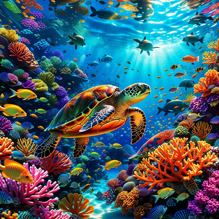 Vibrant Turtle Illustration in a Colorful Underwater World