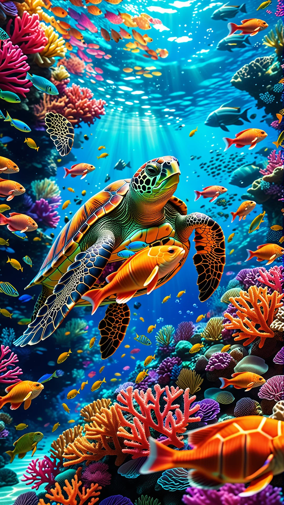 Vibrant Turtle Illustration in a Colorful Underwater World