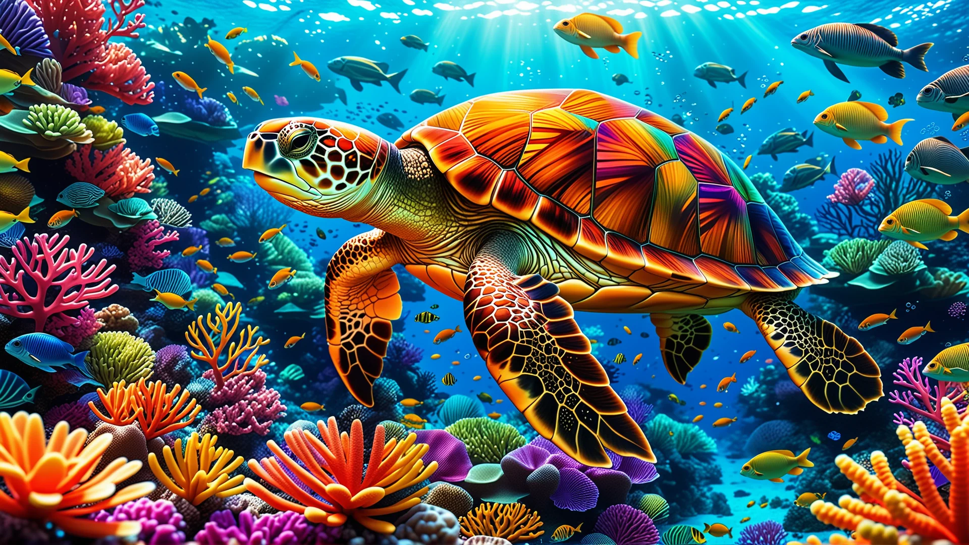 Vibrant Turtle Illustration in a Colorful Underwater World