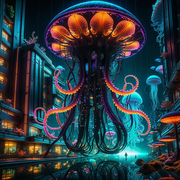 Majestic Neon Squid Swims Through an Underwater Metropolis