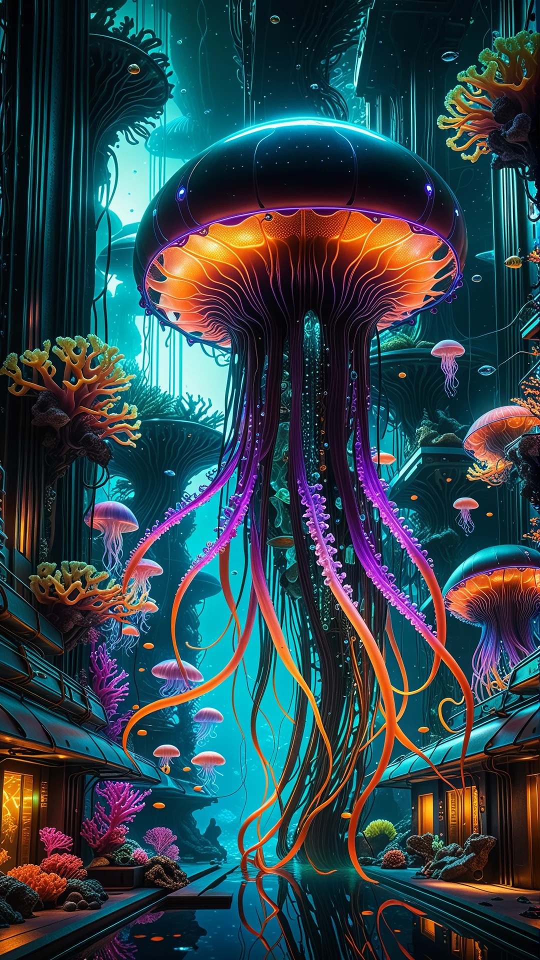 Majestic Neon Squid Swims Through an Underwater Metropolis