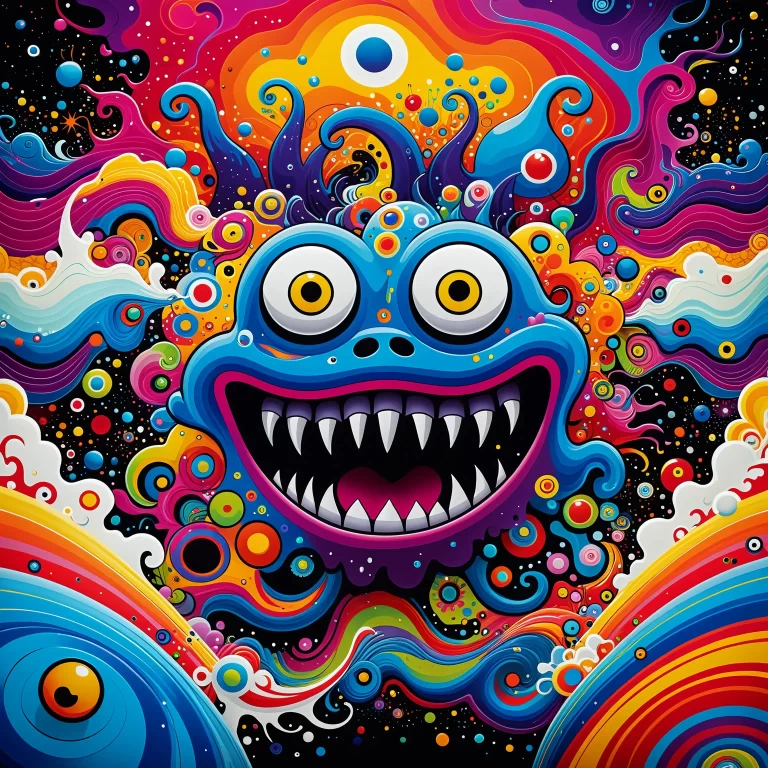 Vibrant Abstract Monster in Surreal Fluid Art Inspired by Murakami & Basquiat