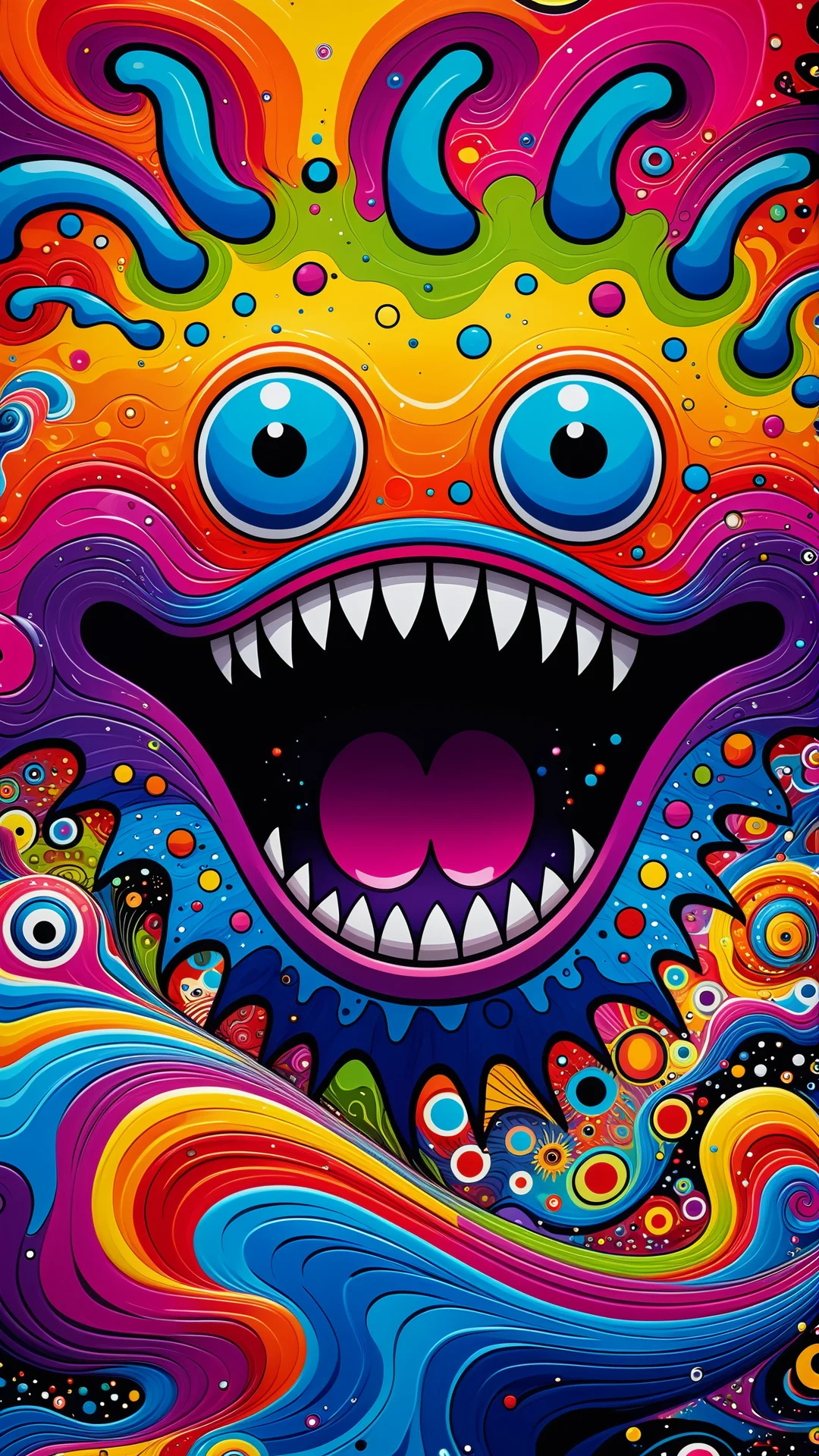 Vibrant Abstract Monster in Surreal Fluid Art Inspired by Murakami & Basquiat