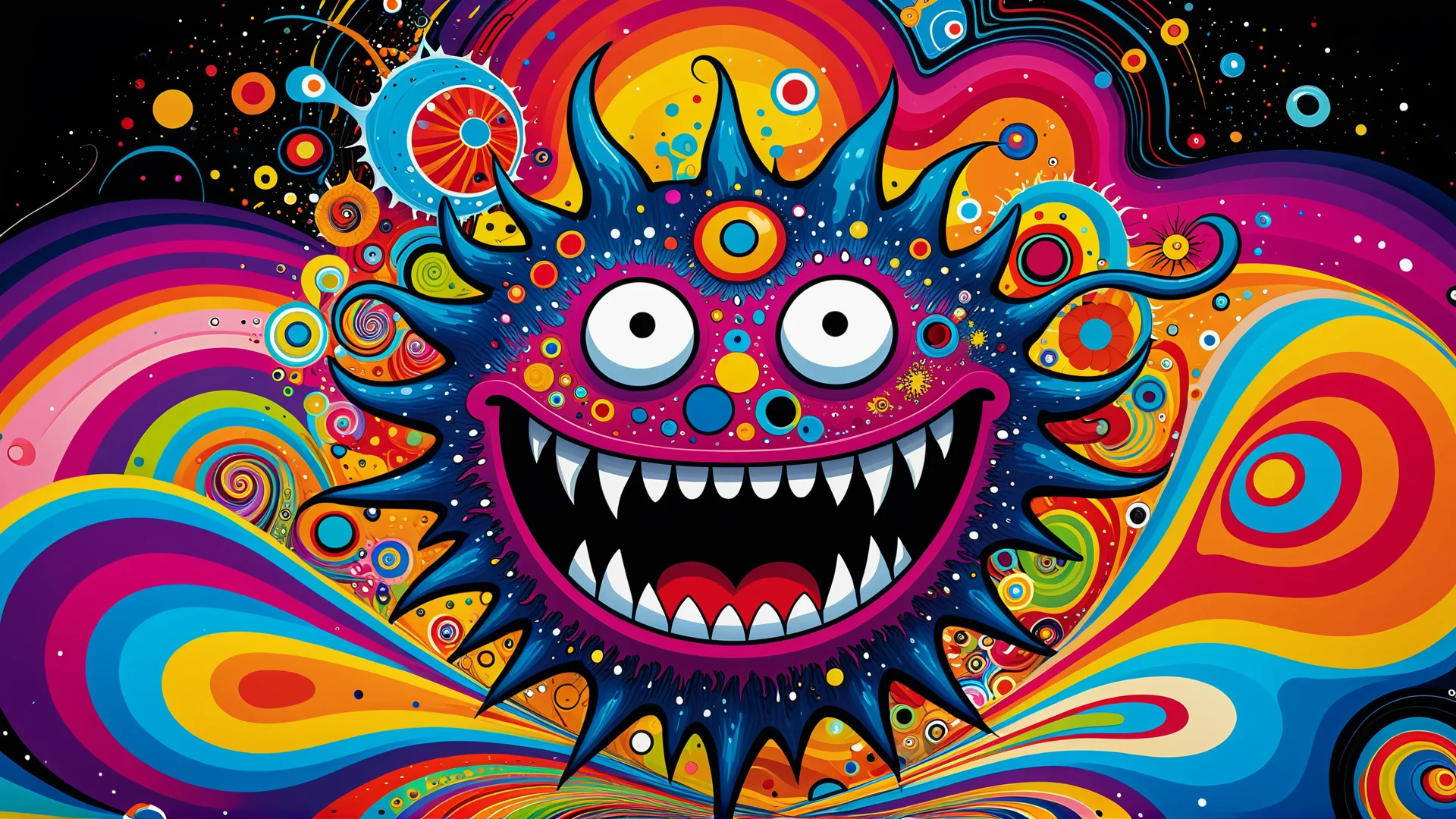 Vibrant Abstract Monster in Surreal Fluid Art Inspired by Murakami & Basquiat