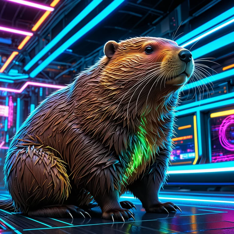 Futuristic Neon Anime Beaver Illustration in Cyberpunk Style