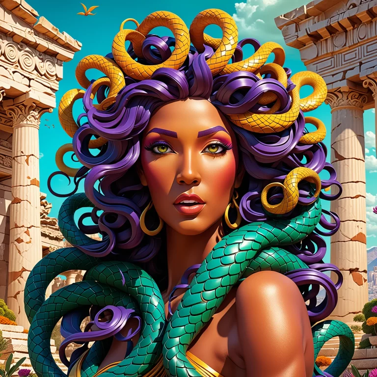 Vibrant Cartoon Medusa with Playful Serpents in Ancient Greece