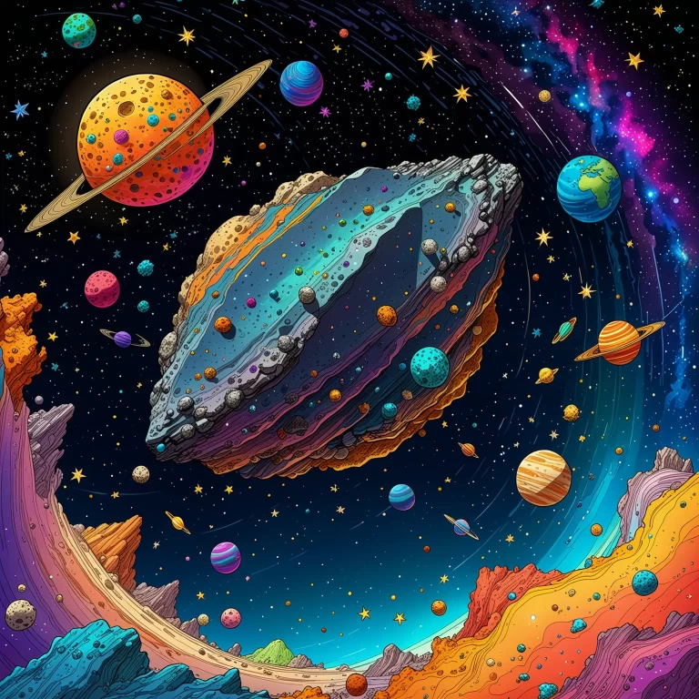 Whimsical Cartoon Asteroid in Vibrant Space Scene by Chris Riddell