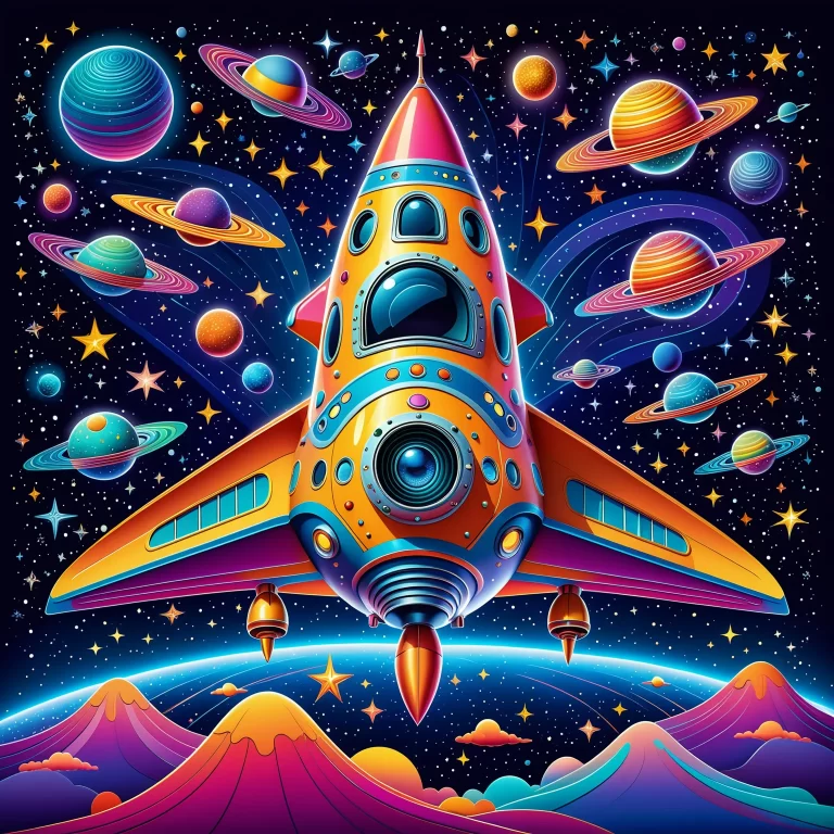 Whimsical AI-Generated Spaceship Caricature in Cosmic Colors