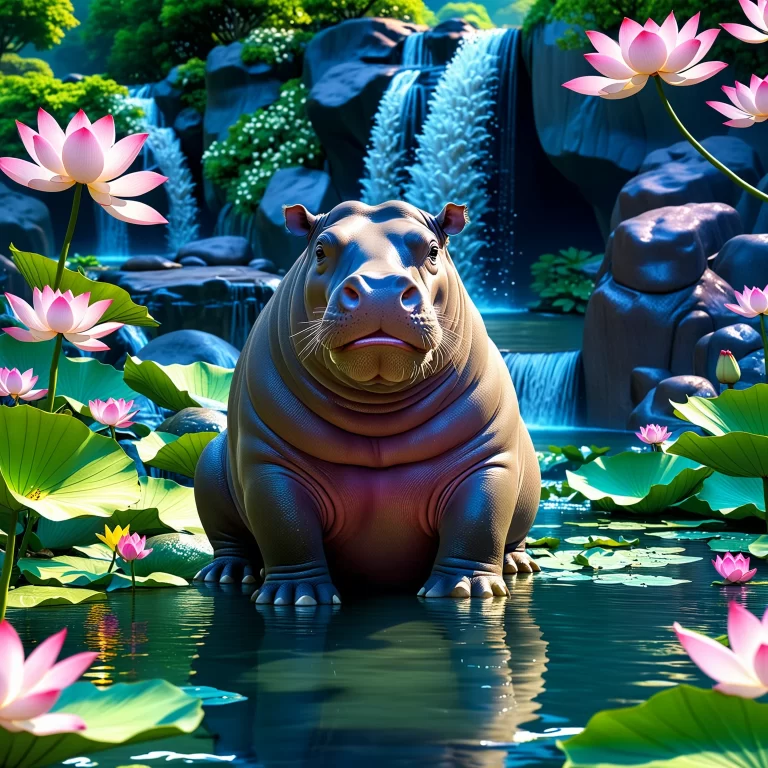 Enchanting Hippo Scene in Lush River: Stunning Chinese Anime Art