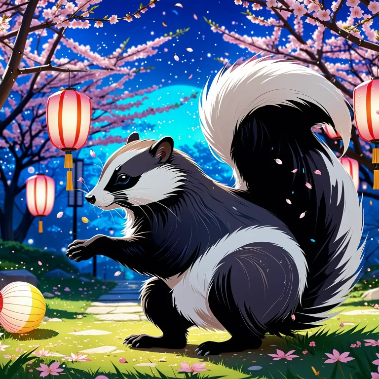 Playful Striped Skunk in Anime Style Surrounded by Cherry Blossoms