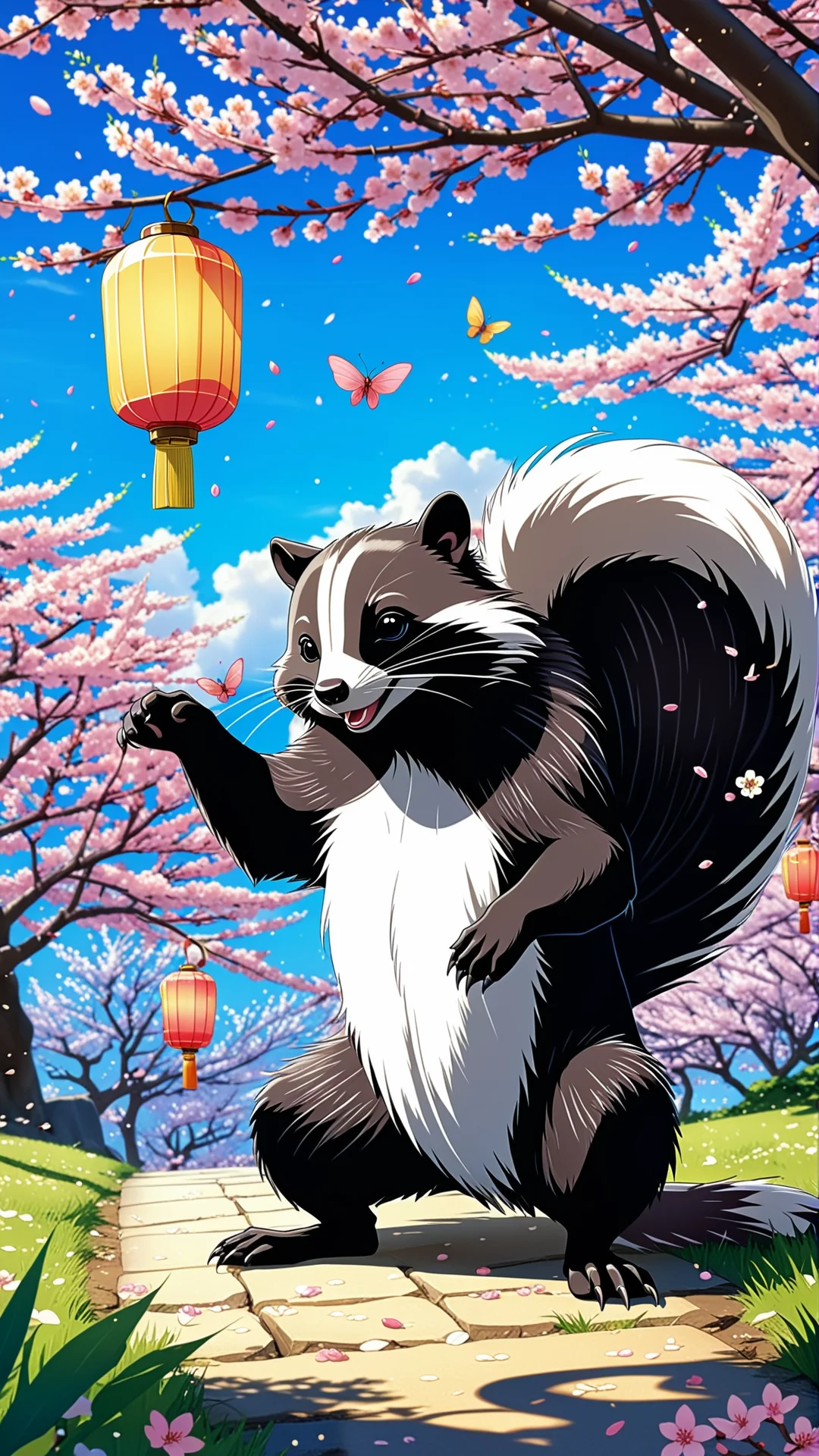 Playful Striped Skunk in Anime Style Surrounded by Cherry Blossoms