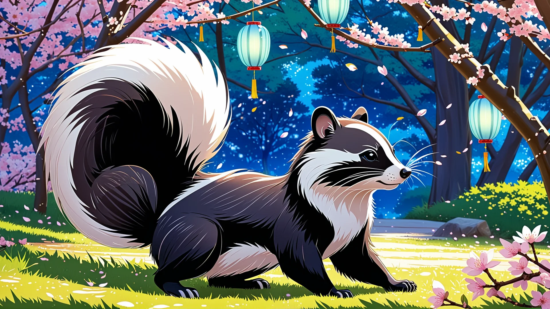 Playful Striped Skunk in Anime Style Surrounded by Cherry Blossoms