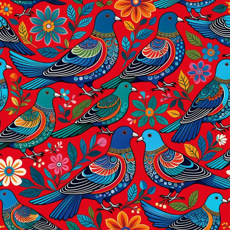 Whimsical Colorful Folk Art Pigeons in Vibrant Patterns