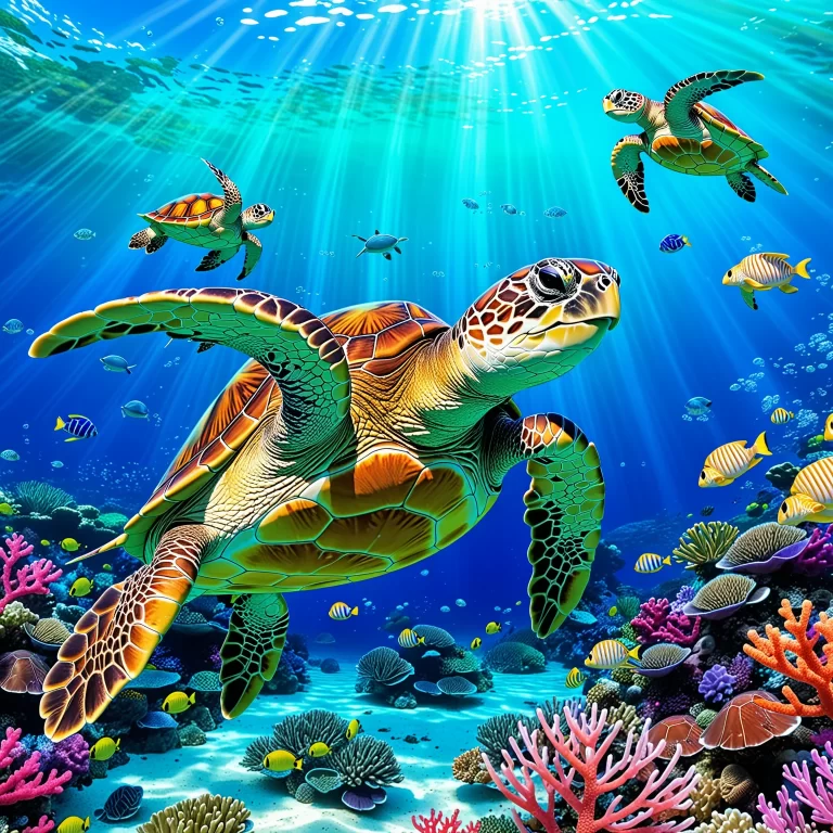 Vibrant Anime Competition: Green Sea Turtles Race in Crystal Waters