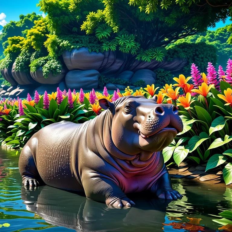 Stunning Hippo in Vibrant River Scene – Chinese Anime Art in 8K