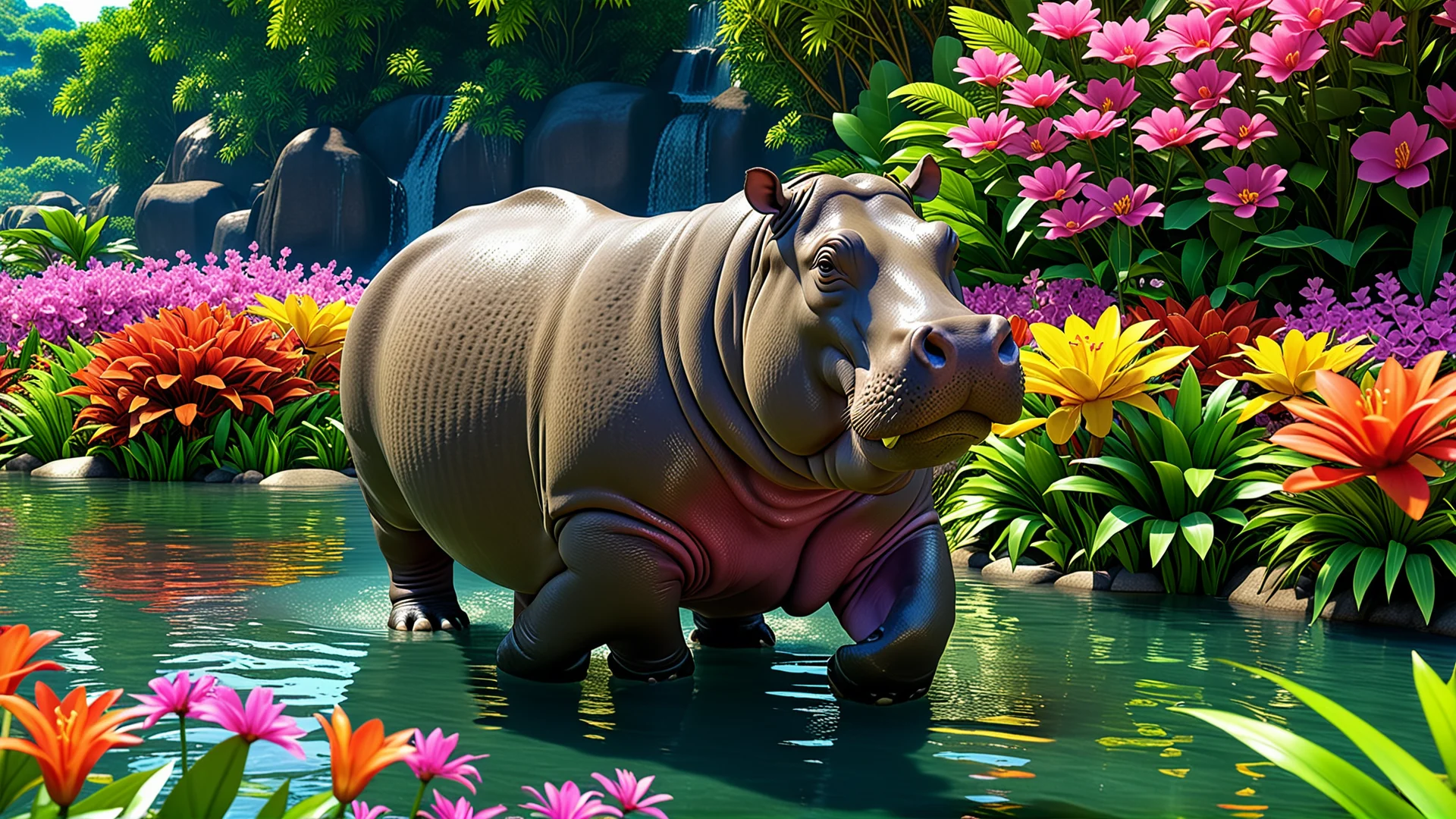 Stunning Hippo in Vibrant River Scene - Chinese Anime Art in 8K