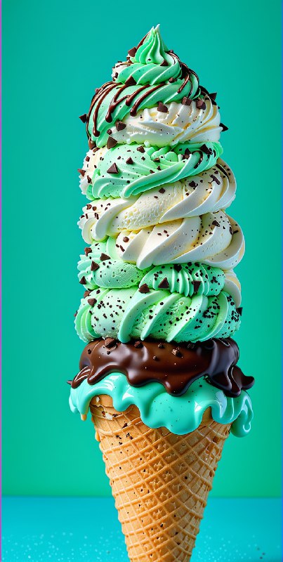 Indulge in this vibrant mint chocolate chip ice cream cone—summer's playful treat that’s as whimsical as it is mouthwatering!...