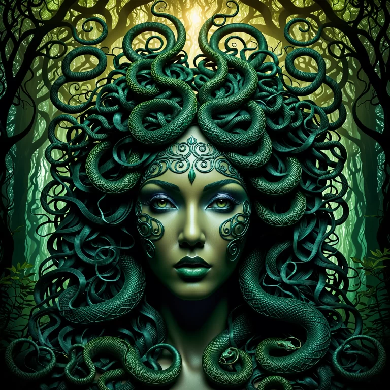 Enchanting Medusa in a Mystical Dark Forest – AI Art Illustration