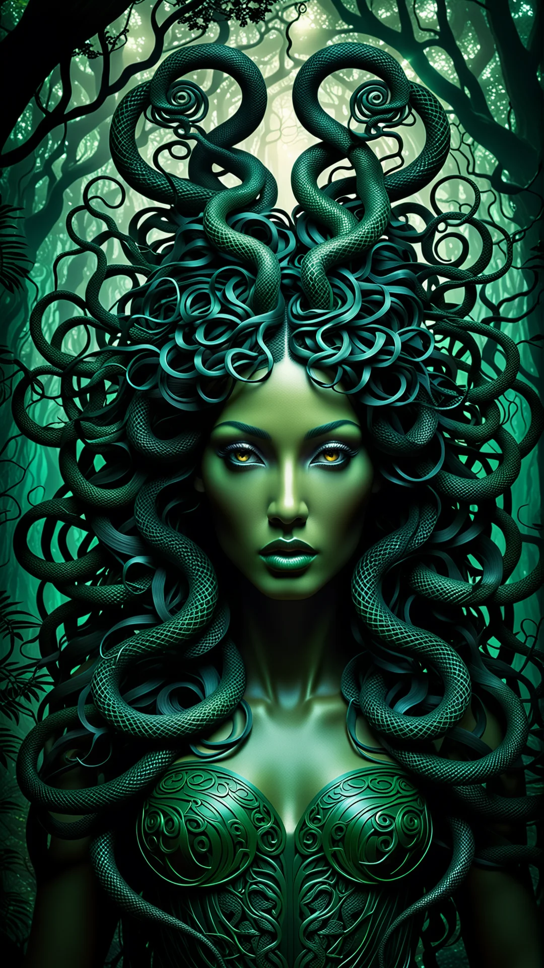 Enchanting Medusa in a Mystical Dark Forest - AI Art Illustration